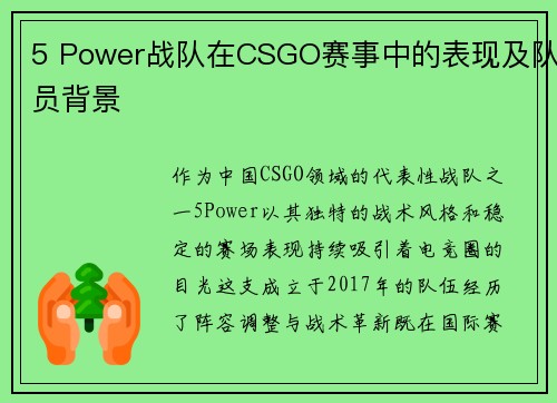 5 Power战队在CSGO赛事中的表现及队员背景