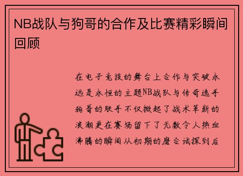 NB战队与狗哥的合作及比赛精彩瞬间回顾