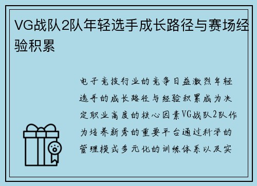 VG战队2队年轻选手成长路径与赛场经验积累